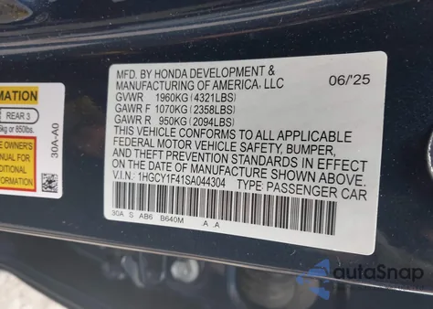 2025 Honda Accord Se z USA, uszkodzony, nr VIN 1HGCY1F41SA044304
